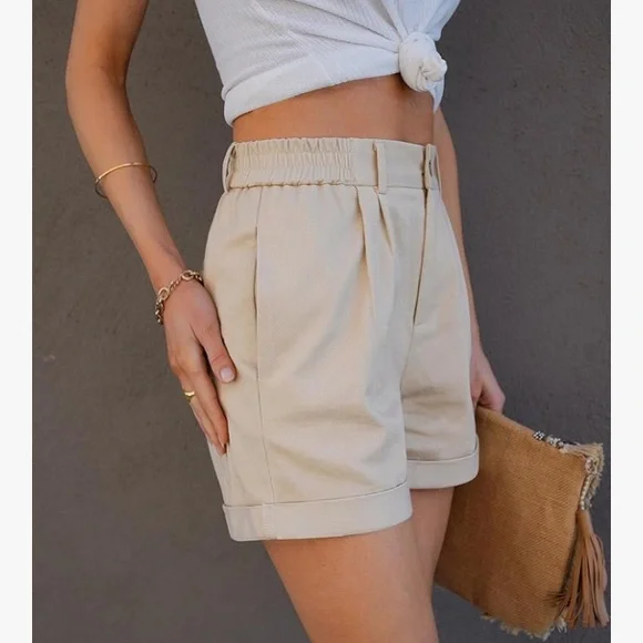 Beige Women's High-Waist Casual Shorts - Picture 3 of 6